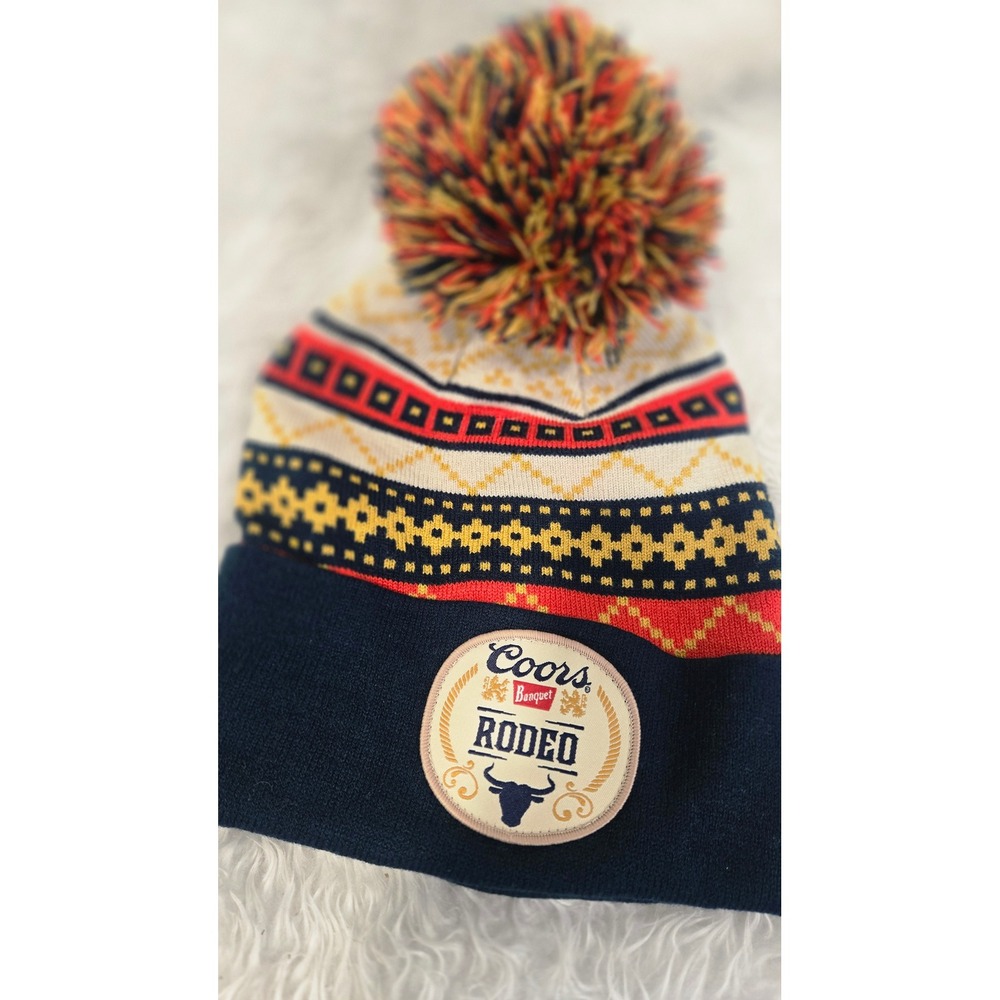 Coors Banquet Rodeo Knit Beanie Hat Pom Pom Fair Isle Navy Red Yellow Western‎